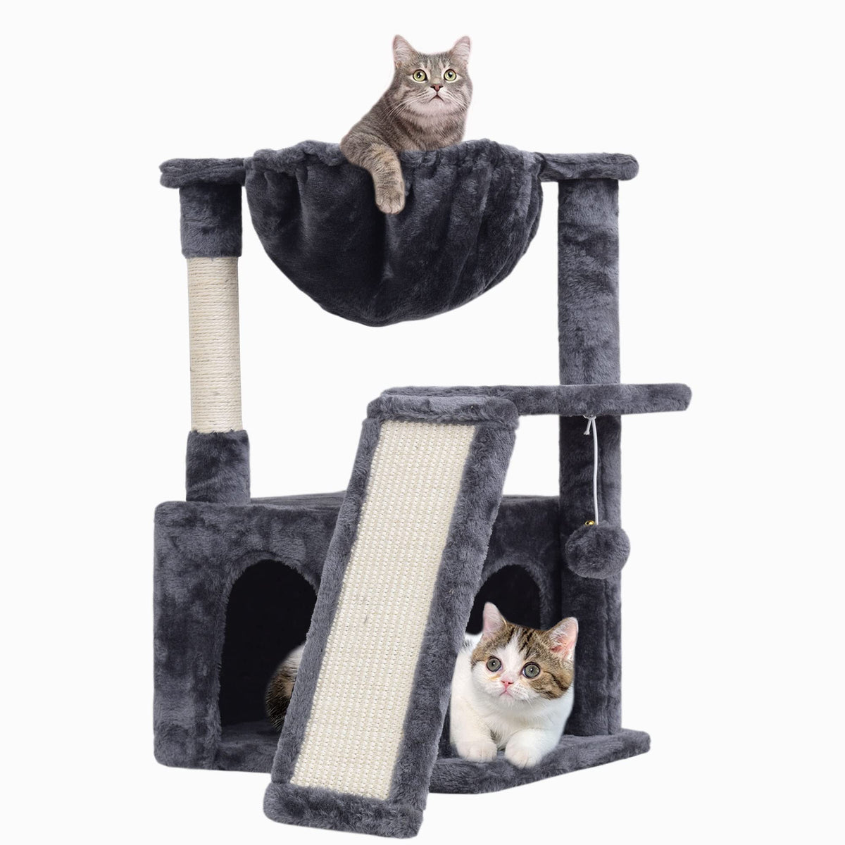 SYANDLVY cat-tree smoky-grey assembly view emphasizes sturdy indoor setup for safe climbing.