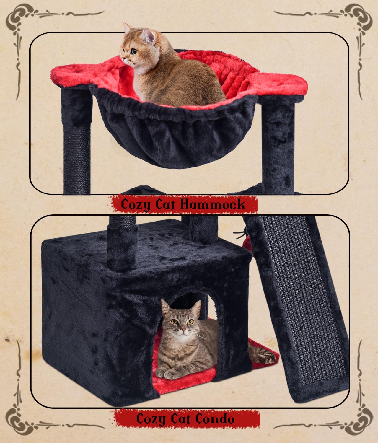 SYANDLVY Gothic Cat Tree hanging ball—interactive play to satisfy playful instincts.
