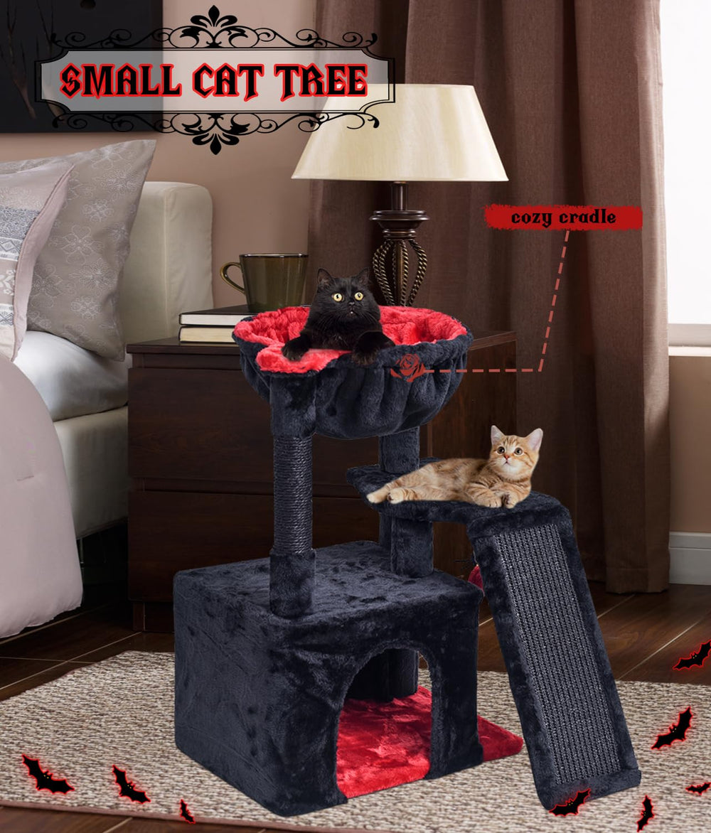 SYANDLVY Gothic Cat Tree plush cave—private retreat for quiet naps.