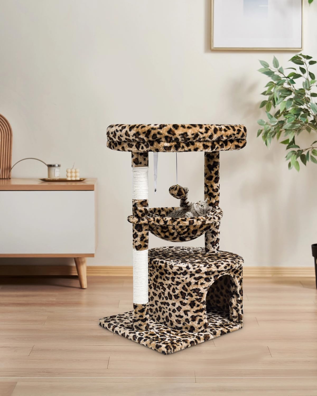 SYANDLVY leopard cat tree basket lounger offers plush resting for lounging.