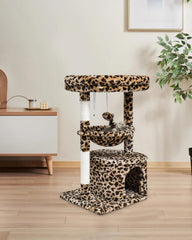 SYANDLVY leopard cat tree basket lounger offers plush resting for lounging.