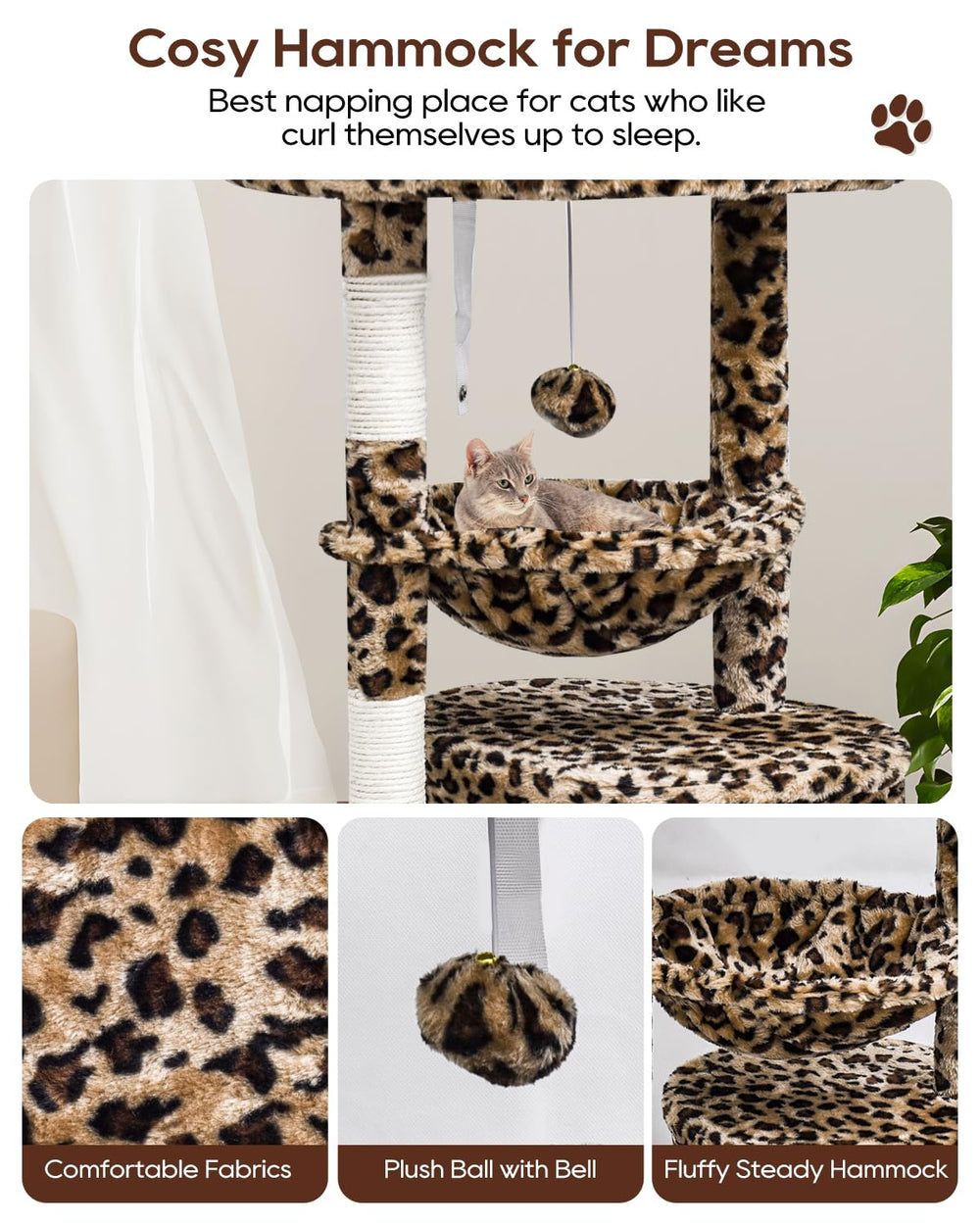 SYANDLVY leopard cat tree sisal posts satisfy claws while protecting furniture.