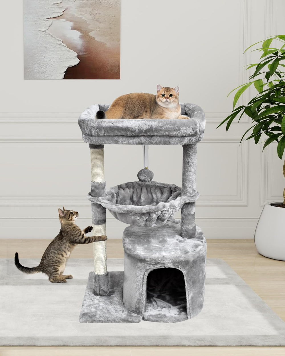 SYANDLVY small cat tree basket lounger provides a warm nap space.