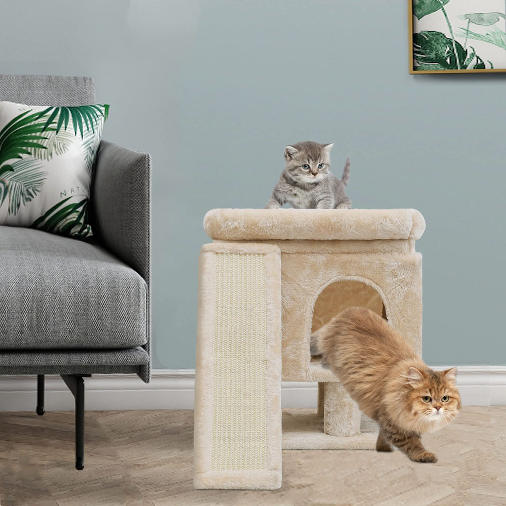 SYANDLVY cat tree in use beige demonstrating cozy indoor setup