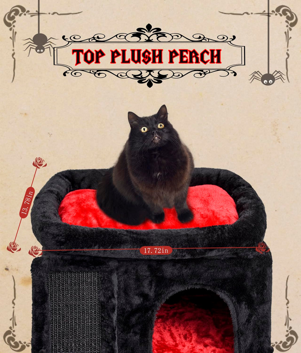 SYANDLVY Gothic Cat Tree coffin-bed—cozy hideaway for naps and observation.