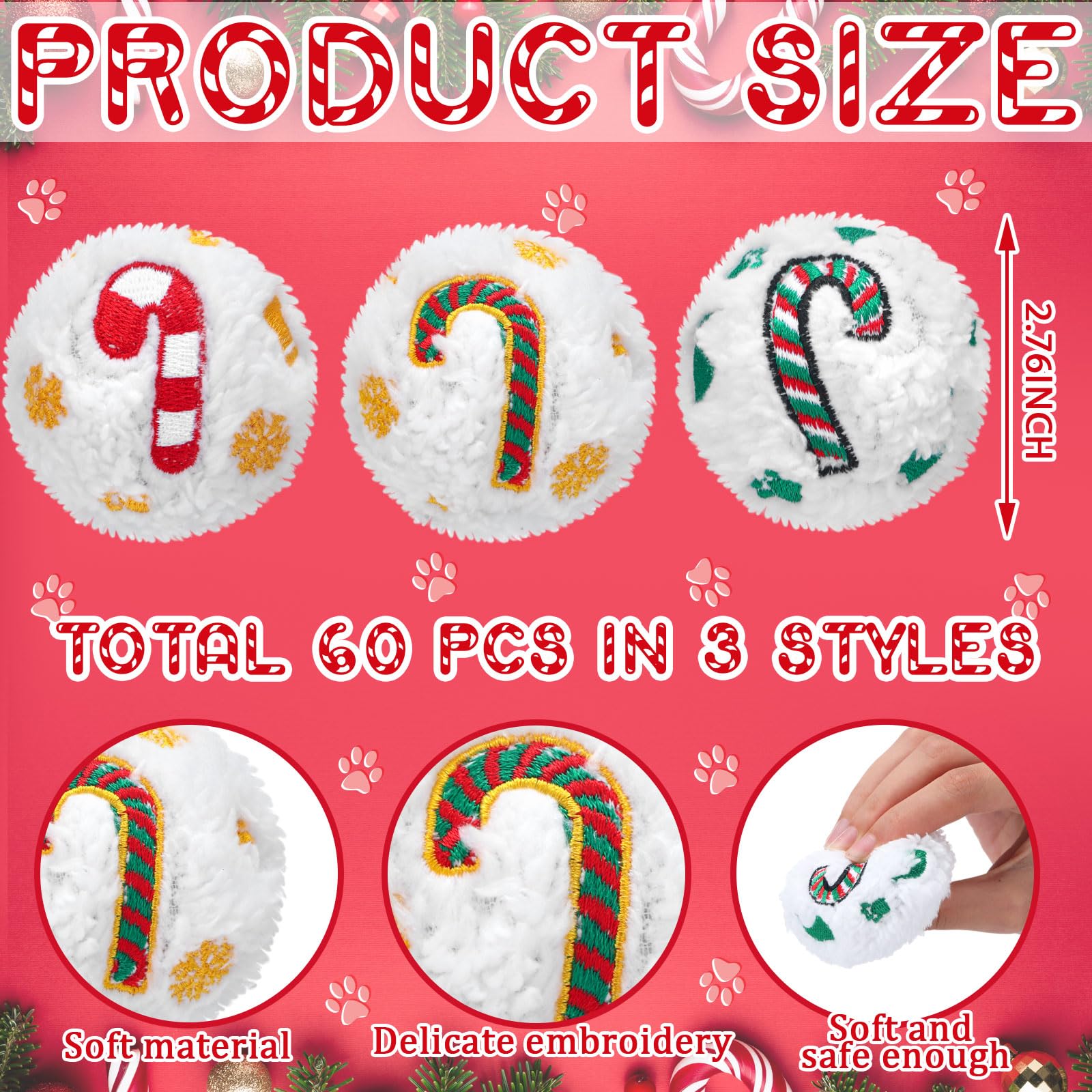 Syhood candy cane design christmas snowball – soft plush chew toy for small dogs.