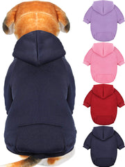 Syhood dog hoodie with dark blue pocket for warmth and storage.