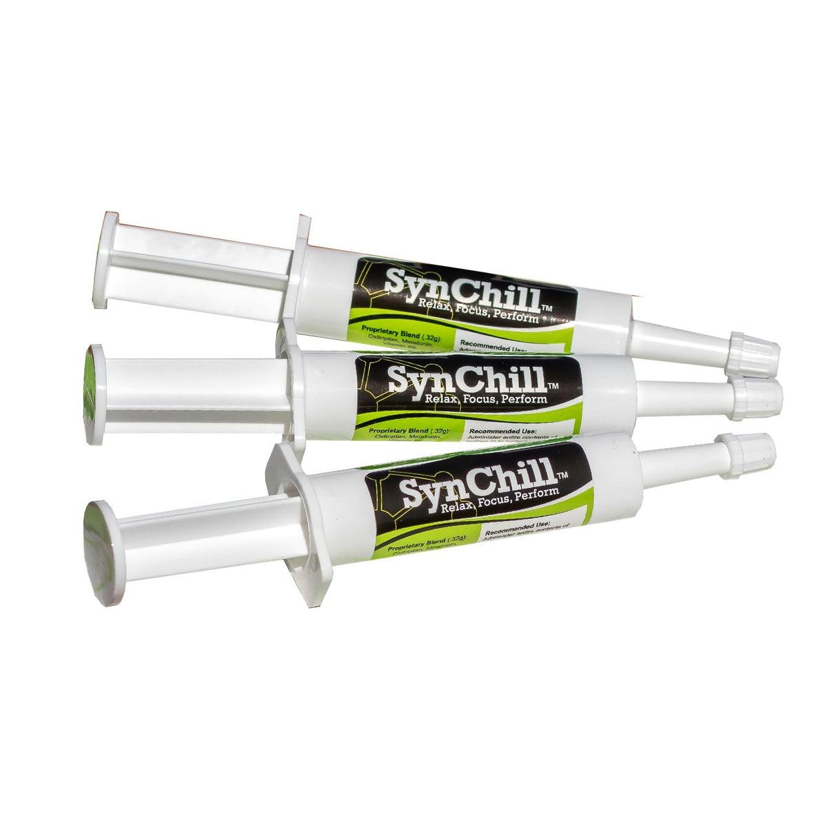 SynNutra Equine SynChill oral gel syringe ready for dosing before training for focus.