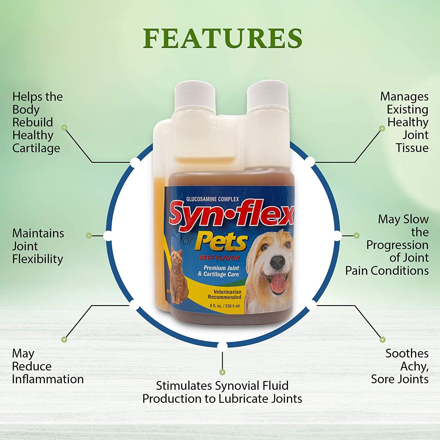 Synflex beef-flavor liquid mixing with pet food demonstrates easy administration.