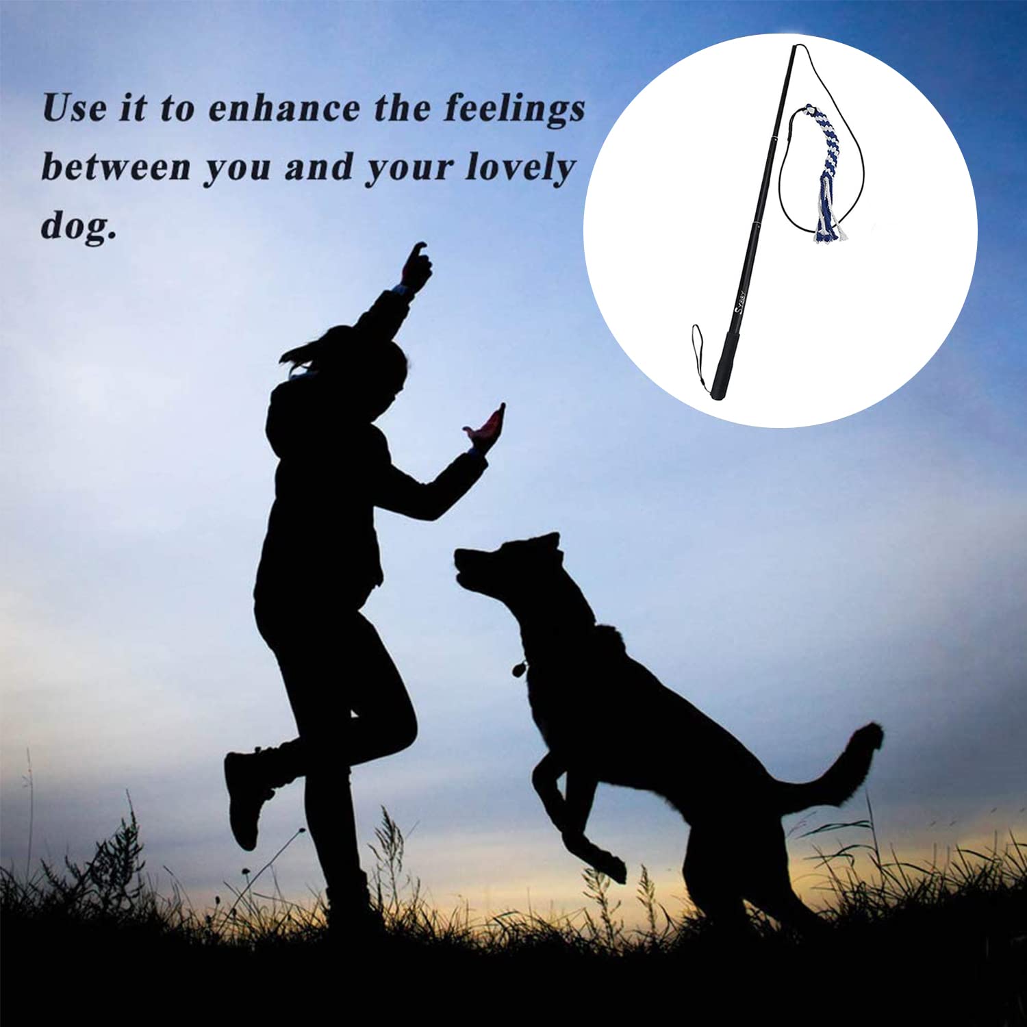 SYOOY Flirt Pole packaging with included rope tail for portable play anywhere.