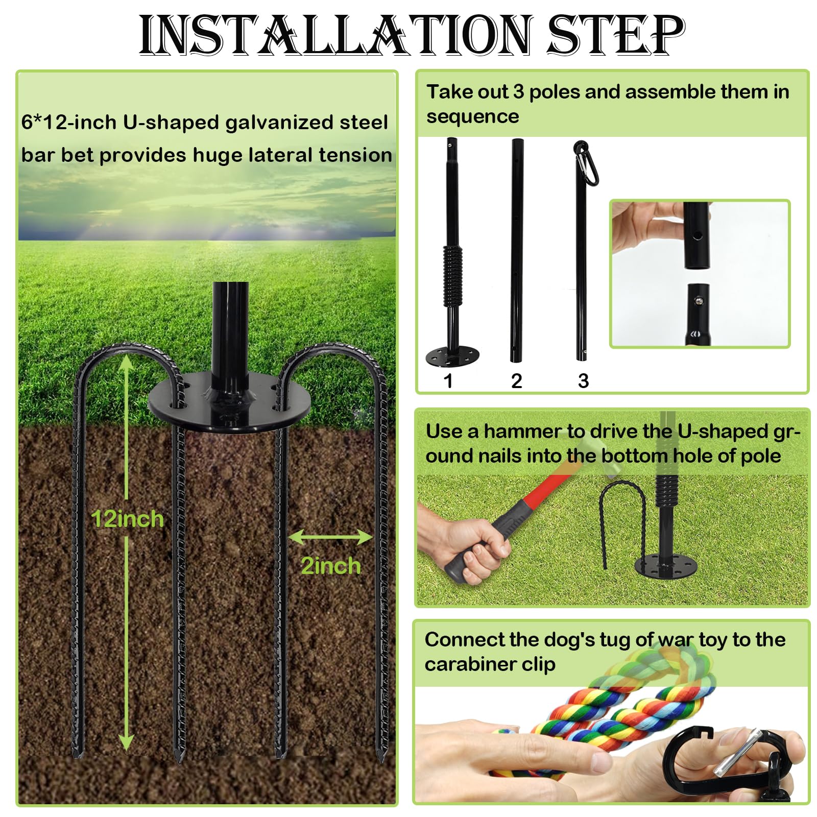 SYOOY tether dog tug toy height adjustment showing three height options.