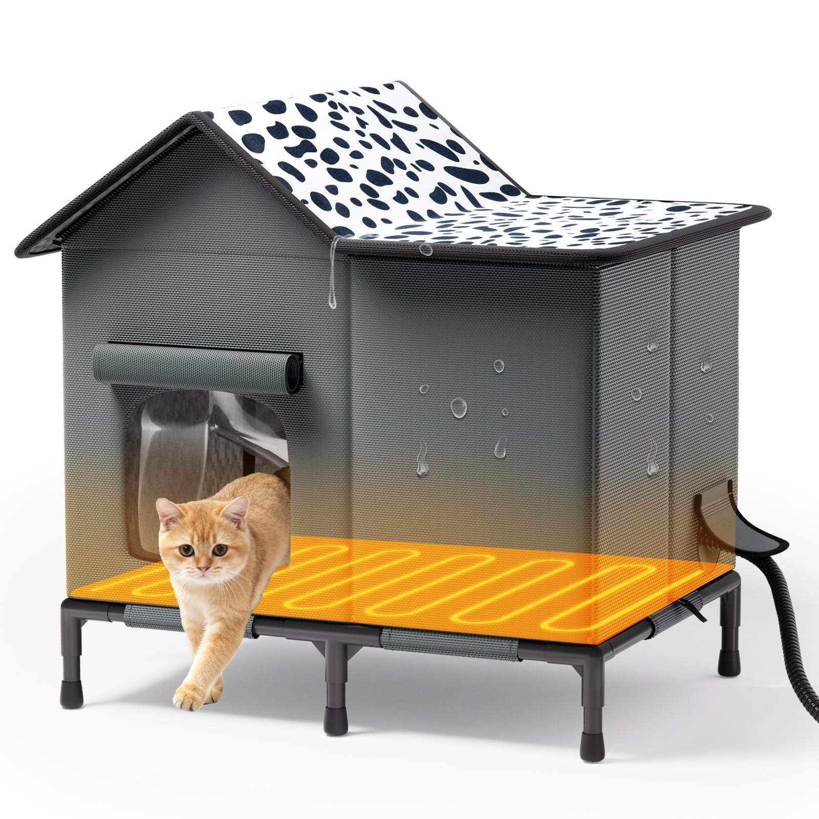 SYREMERS heated cat house front view shows warm weatherproof shelter.