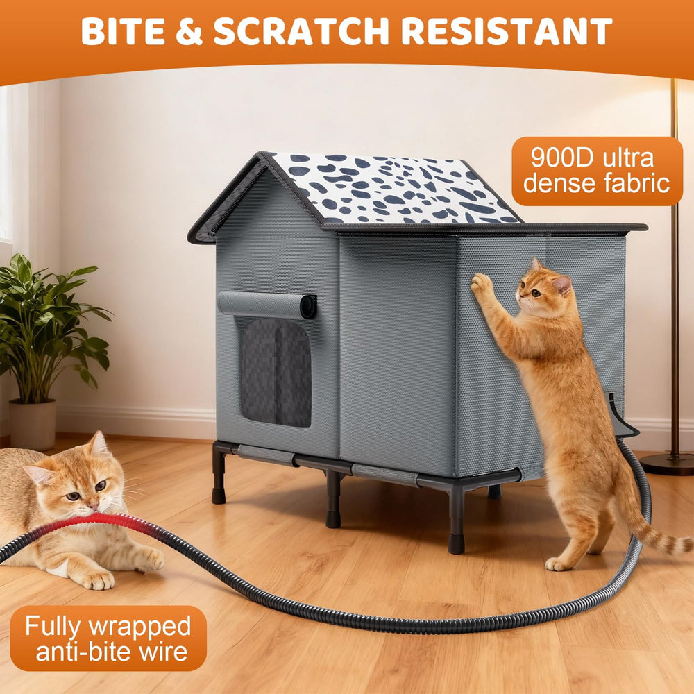 SYREMERS winter cat house insulation illustrates cozy warmth during freezing months.