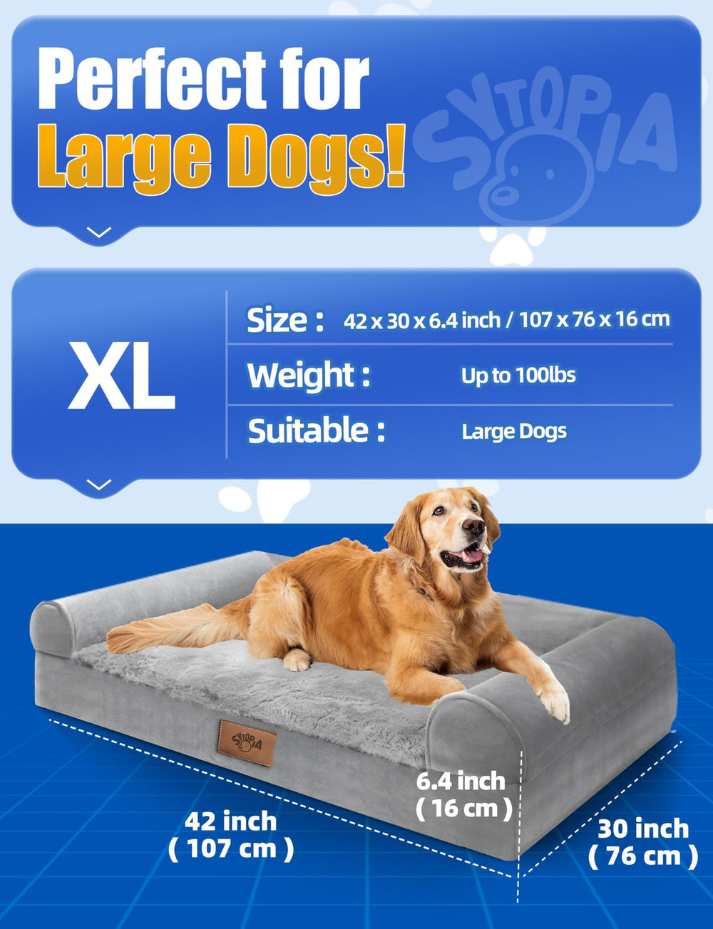 Sytopia Chew-Proof Dog Bed XL size 42x30 inches fits large breeds