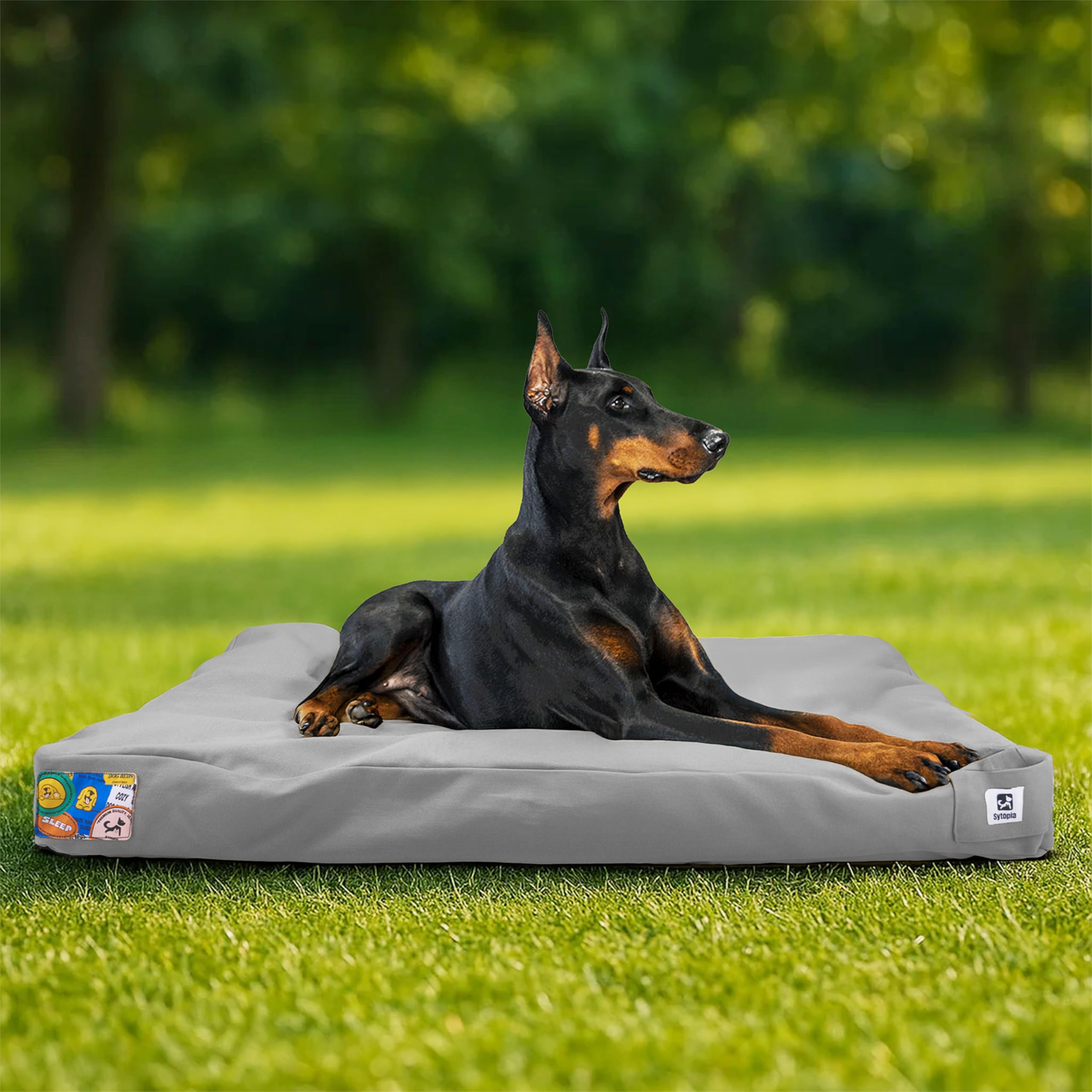 Sytopia 42-inch outdoor canvas dog bed with waterproof cover for rainy patio sessions.