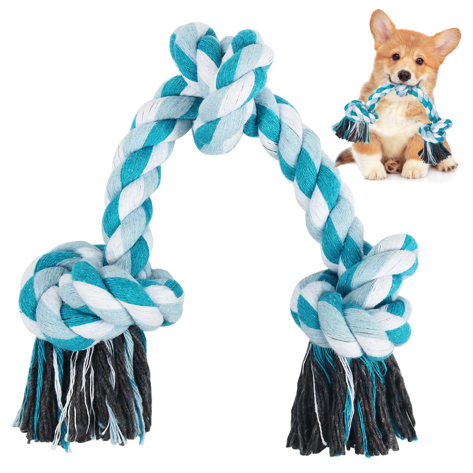 SZEE dog rope toy 14in 3 knots blue for chewing and tug play.