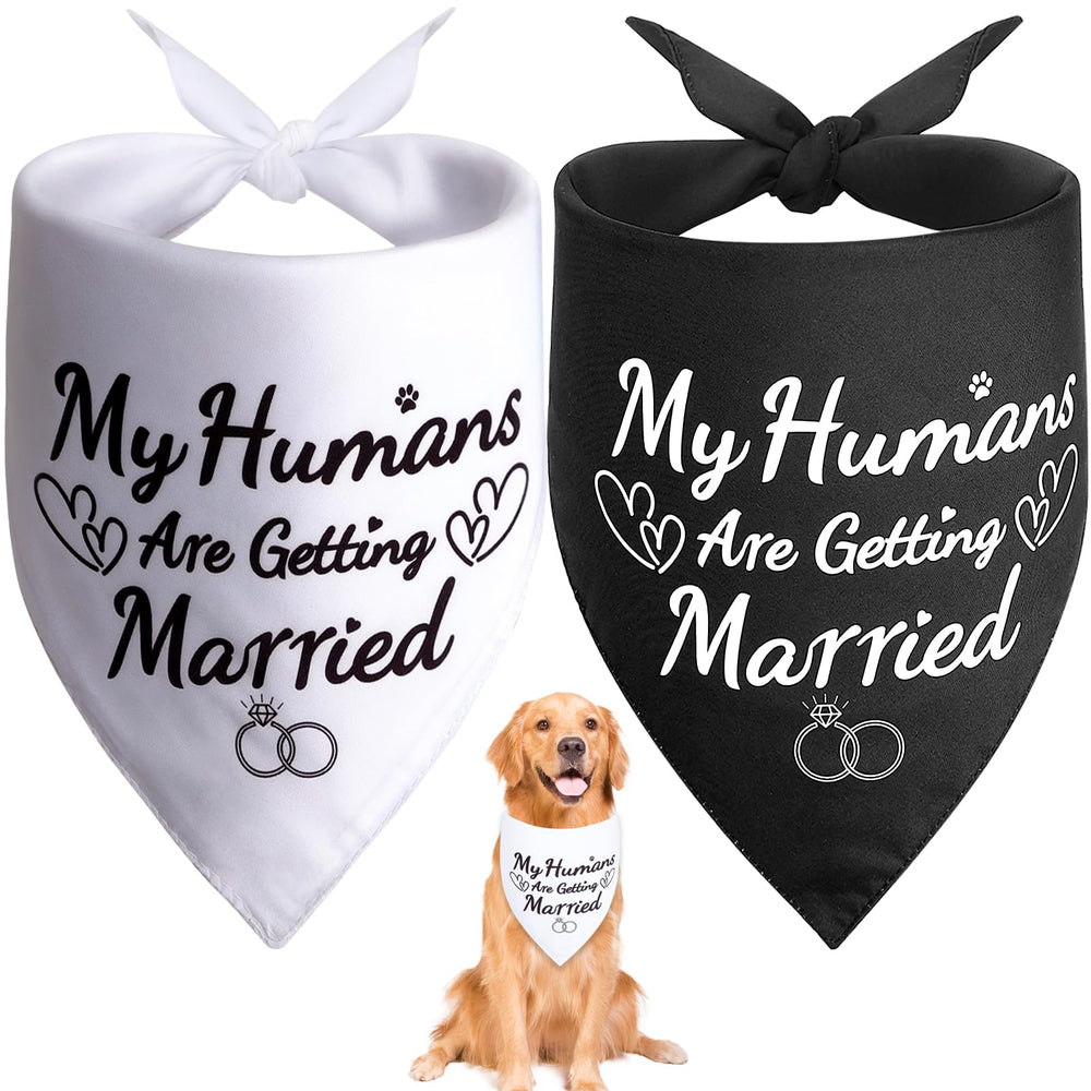 SZEE white My Humans Are Getting Married bandana worn by dog at a wedding.