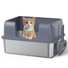 SZEE stainless steel litter box front view showing high sides for containment.