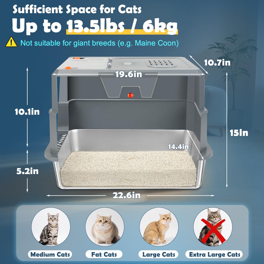 SZEE stainless steel litter box fully enclosed hood demonstrates odor containment.