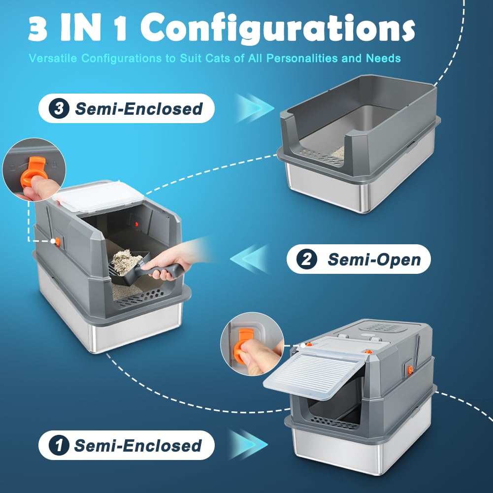 SZEE stainless steel litter box half enclosure offers flexible setup for open use.