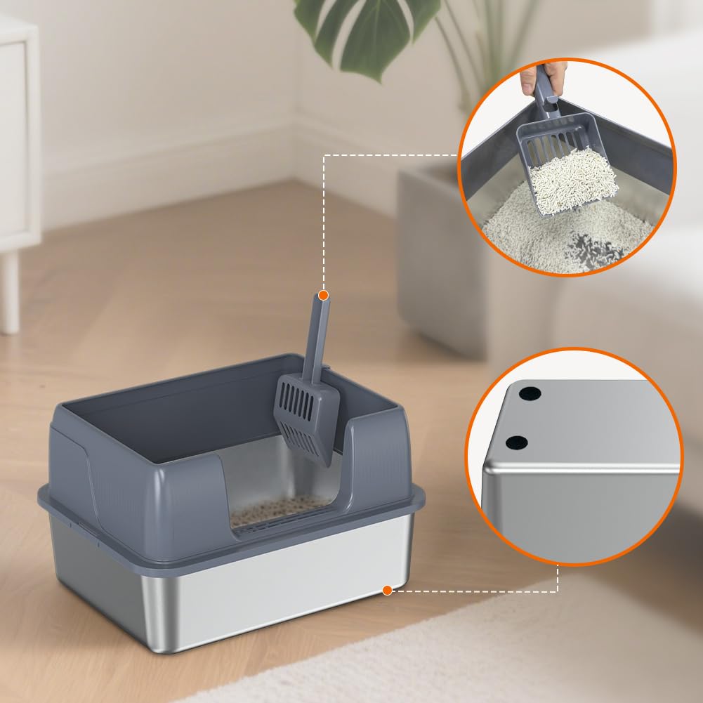 SZEE stainless steel litter box base with four non-slip feet.