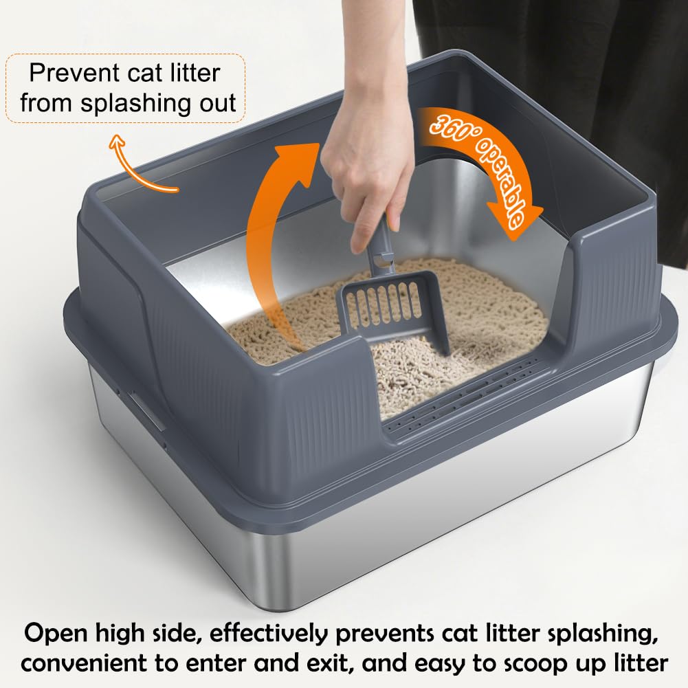 SZEE stainless steel litter box with scoop included for cleanup.