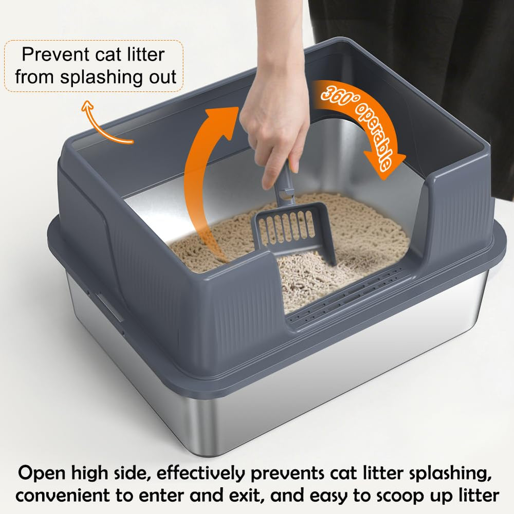 SZEE stainless steel litter box with scoop included for cleanup.
