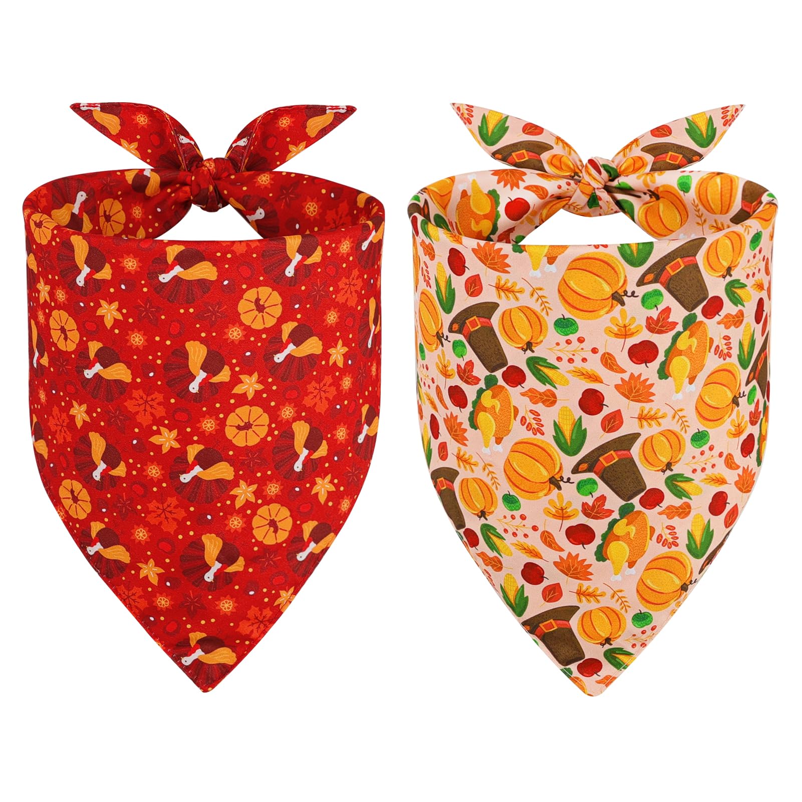 Szee Thanksgiving bandana red with pumpkins enhances festive dog look for photos.