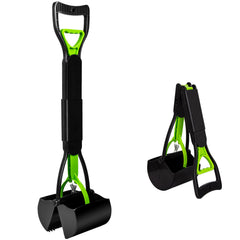SZHLUX 32-inch pooper scooper with foldable arch grip for easy, back-friendly pickups.