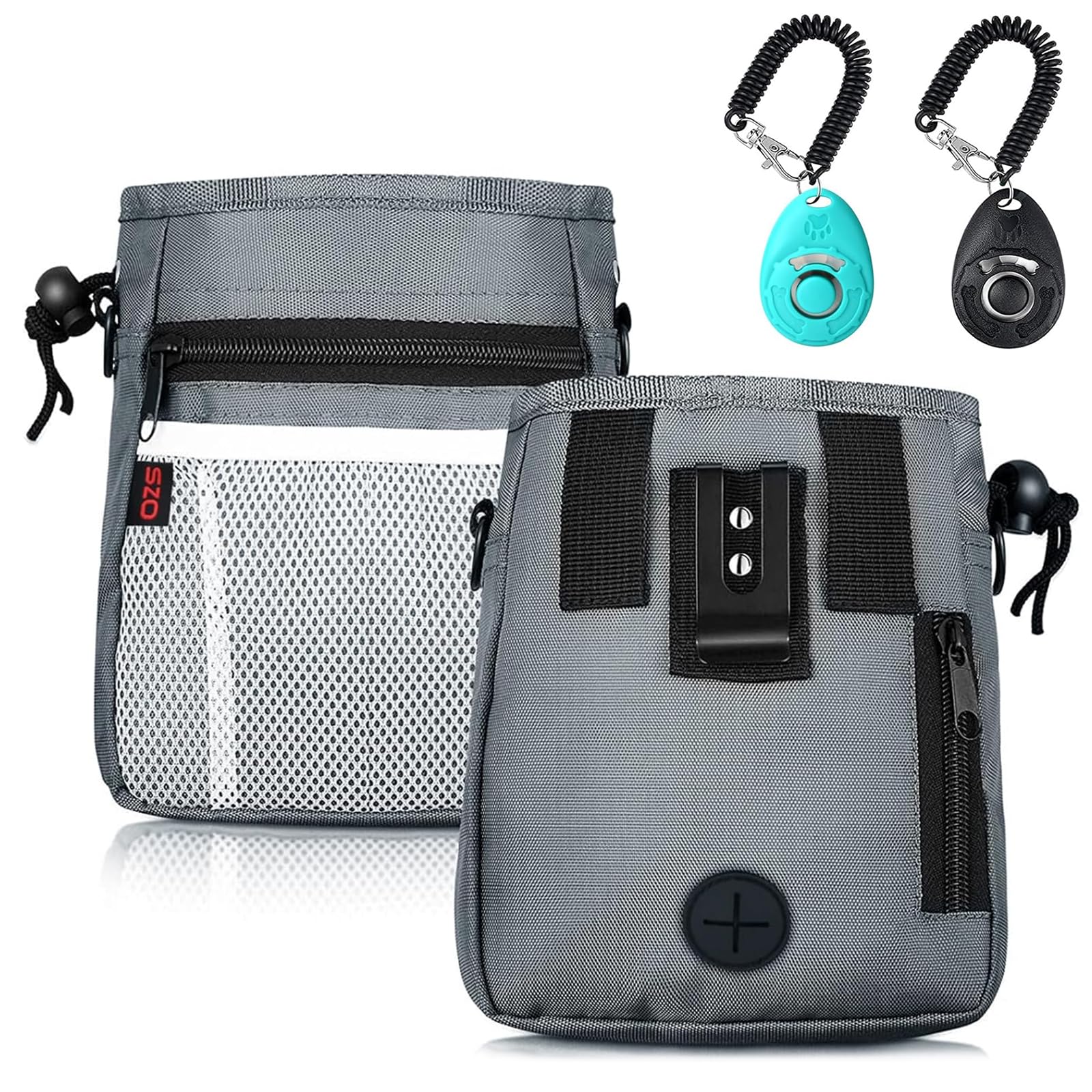 SZO dog treat pouch 3 ways to wear shown for hands-free training at the park