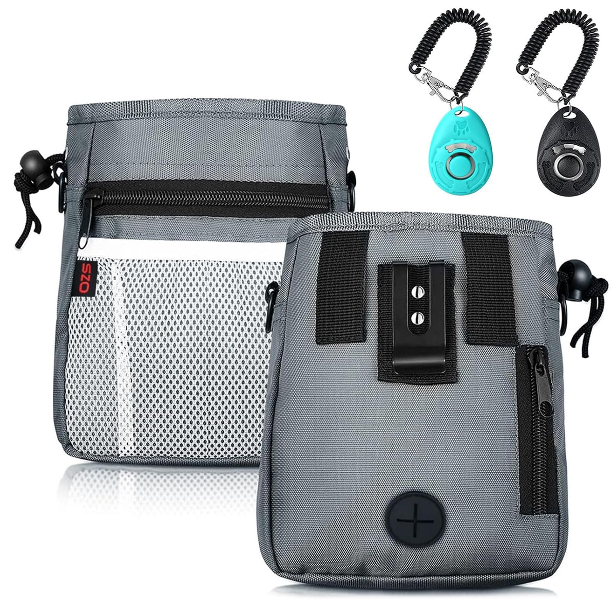 SZO dog treat pouch 3 ways to wear shown for hands-free training at the park