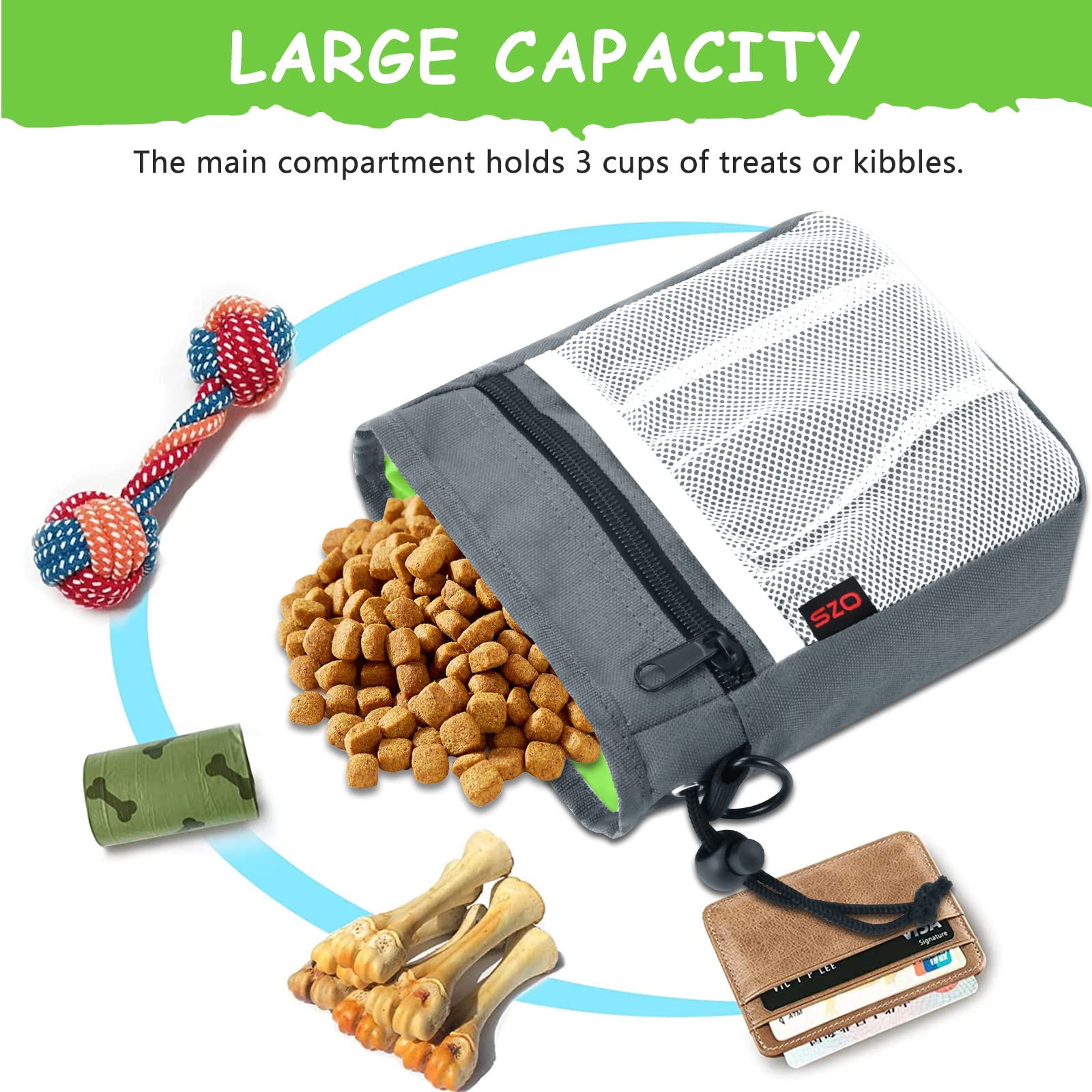 SZO treat pouch with back poop bag holder ready for quick cleanup during walks