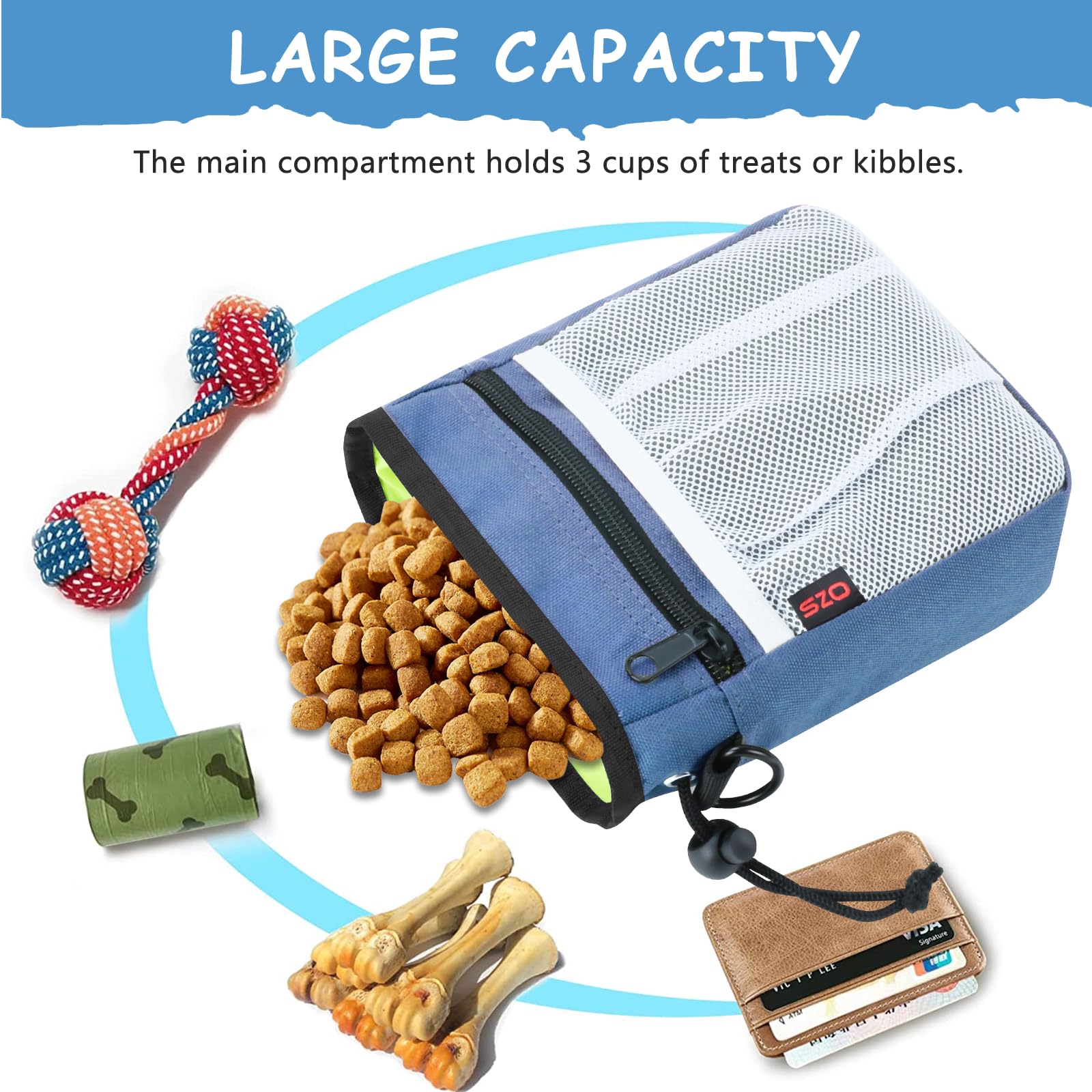 SZO dog treat pouch back with poop bag holder for quick cleanups.