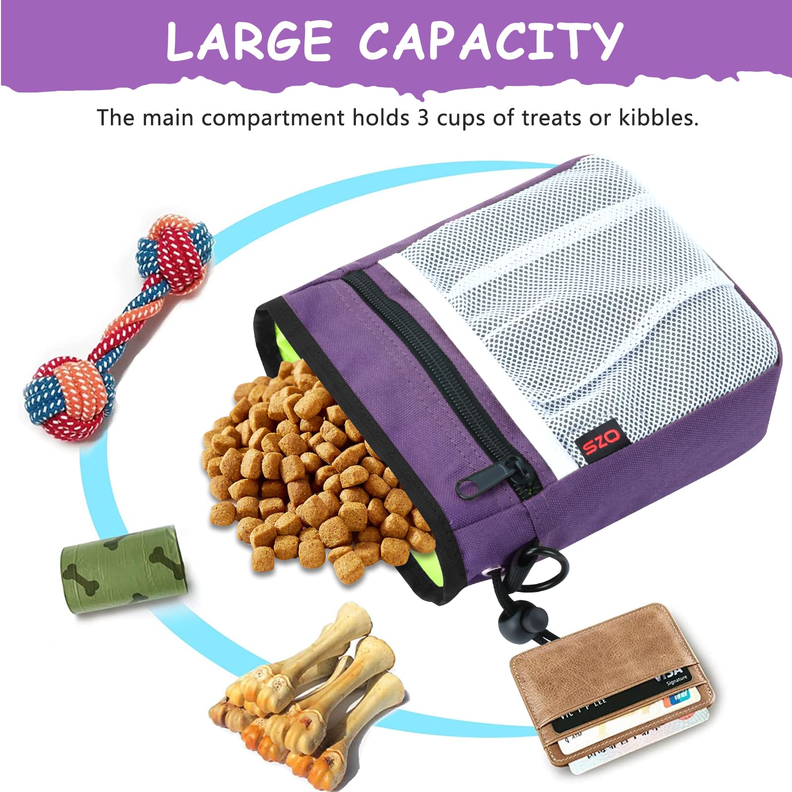 SZO dog treat pouch purple side view shows versatile wear options