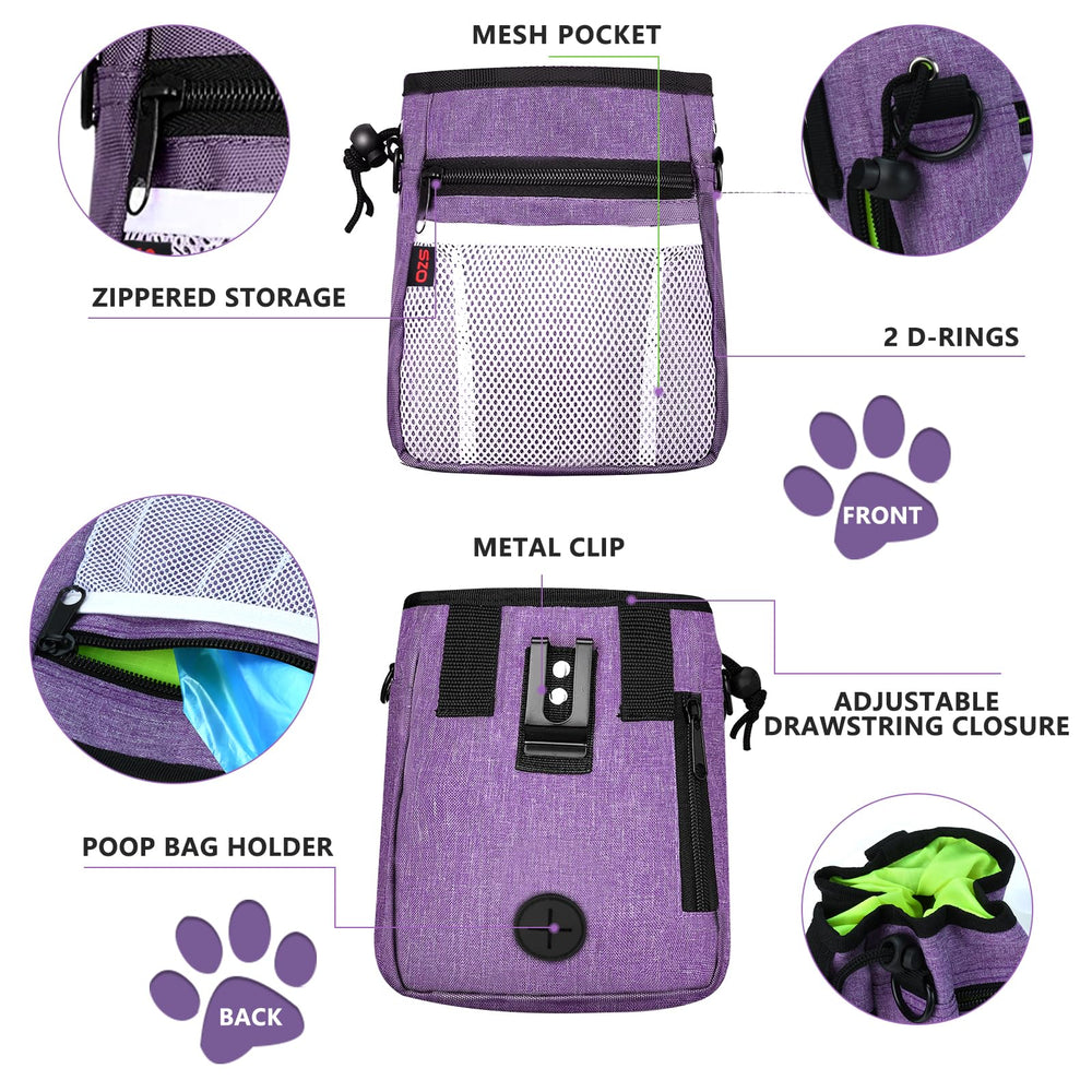SZO dog treat pouch purple waist-clip view emphasizes hands-free training
