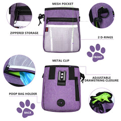 SZO dog treat pouch purple waist-clip view emphasizes hands-free training