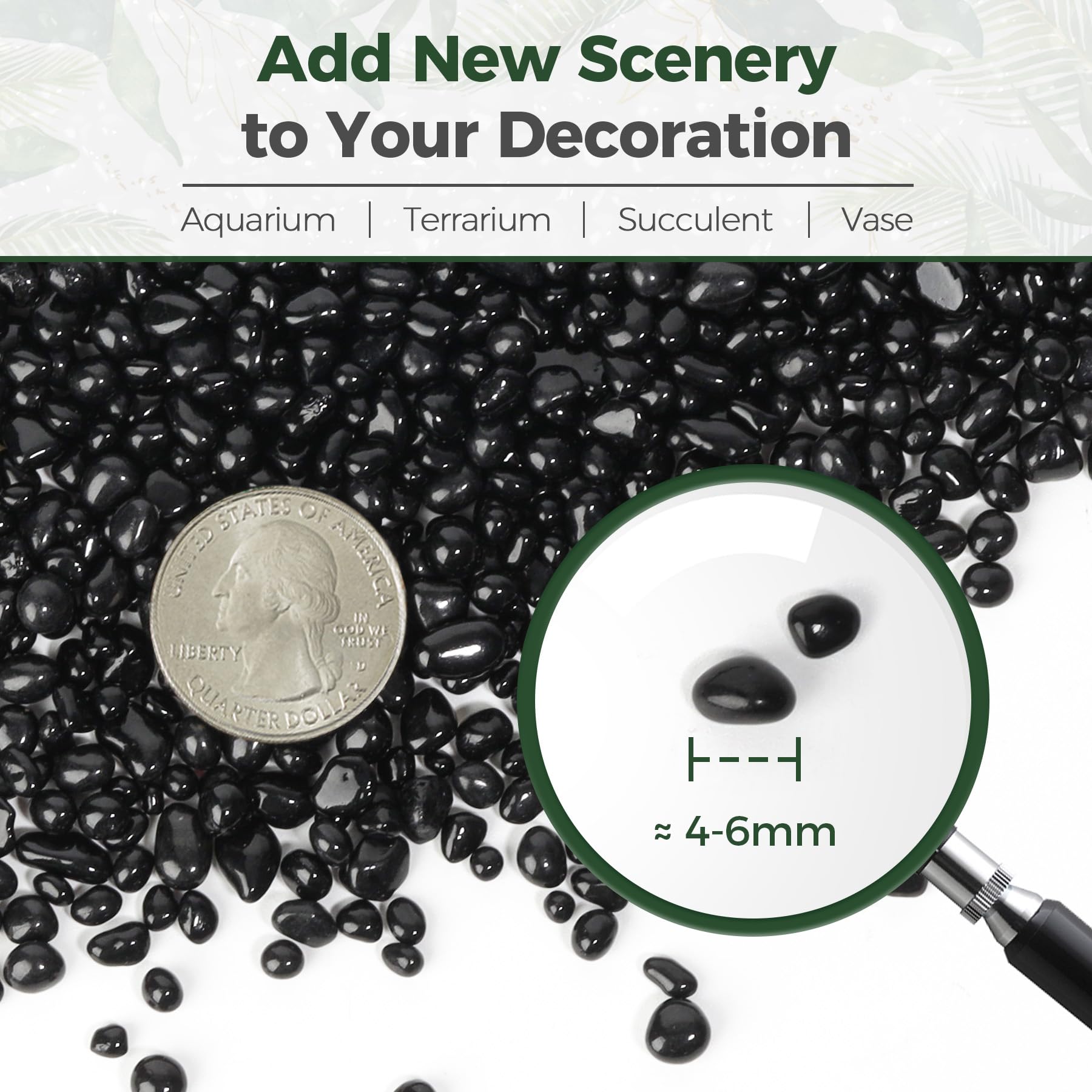 T4U black polished pebbles macro shot, premium plant topper for chic indoor planters.