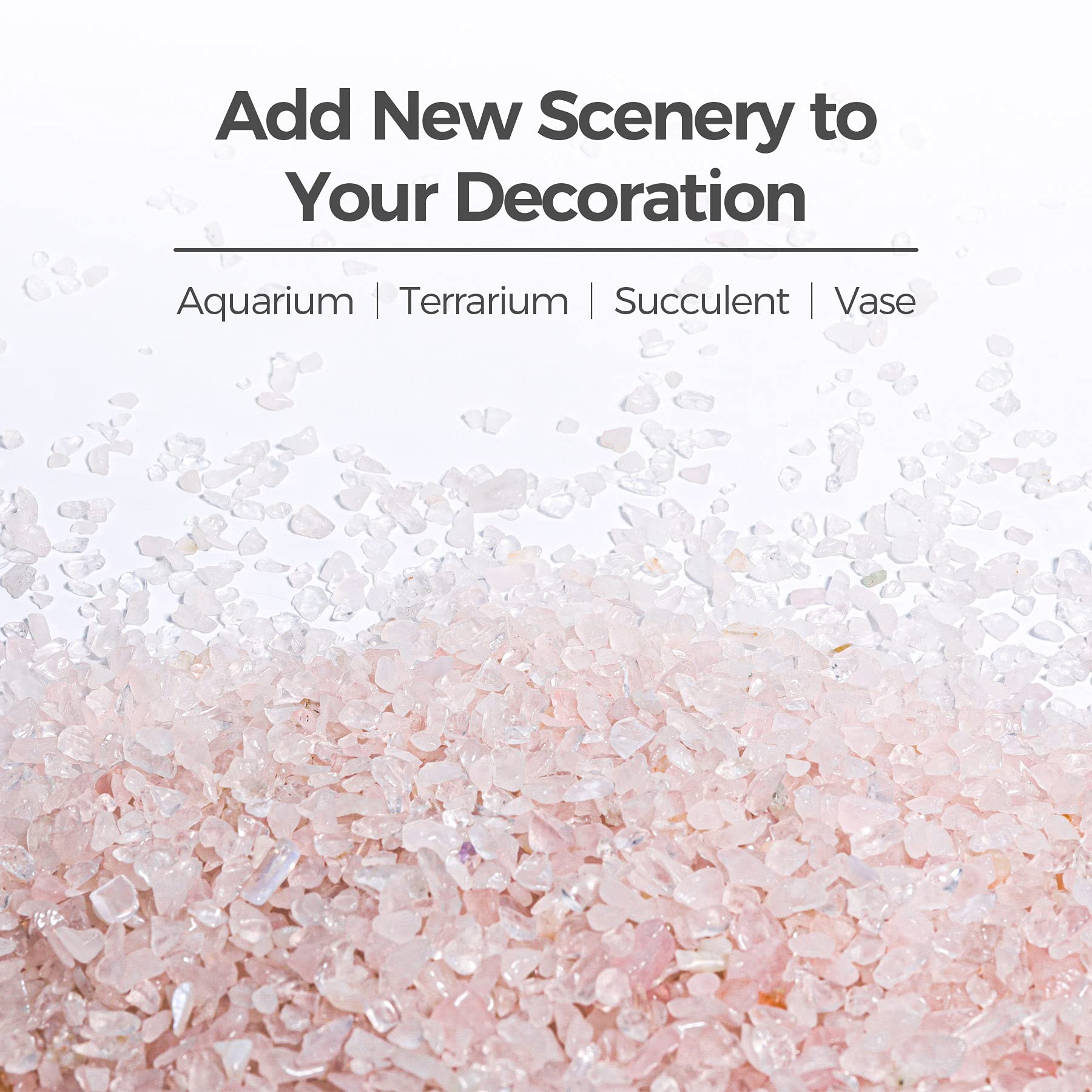 Close view of rose quartz chips in potted plant decor