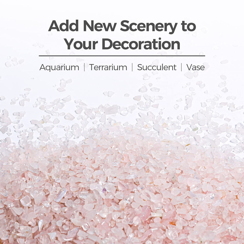Close view of rose quartz chips in potted plant decor
