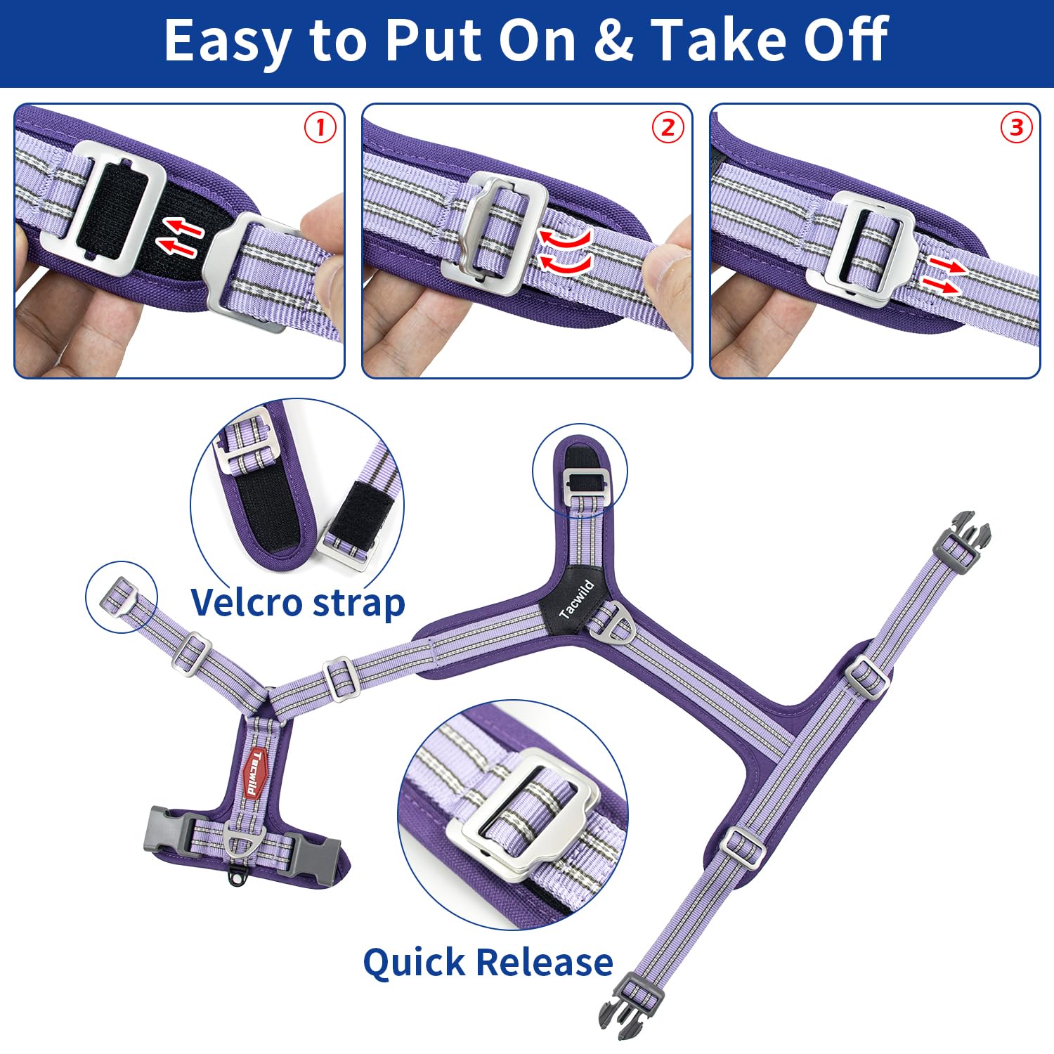 Tacwild No Pull Harness blue reflective trim enhances visibility during evening strolls.