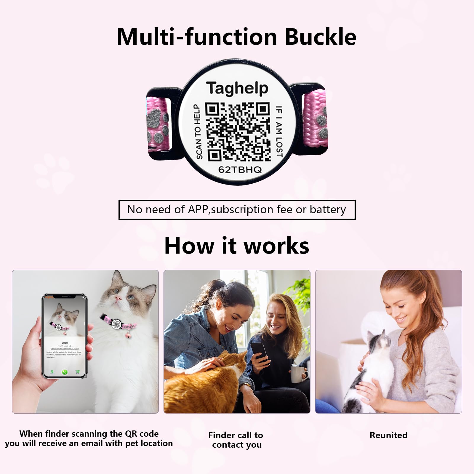 Taghelp detachable safety release buckle prevents choking hazards on the collar.