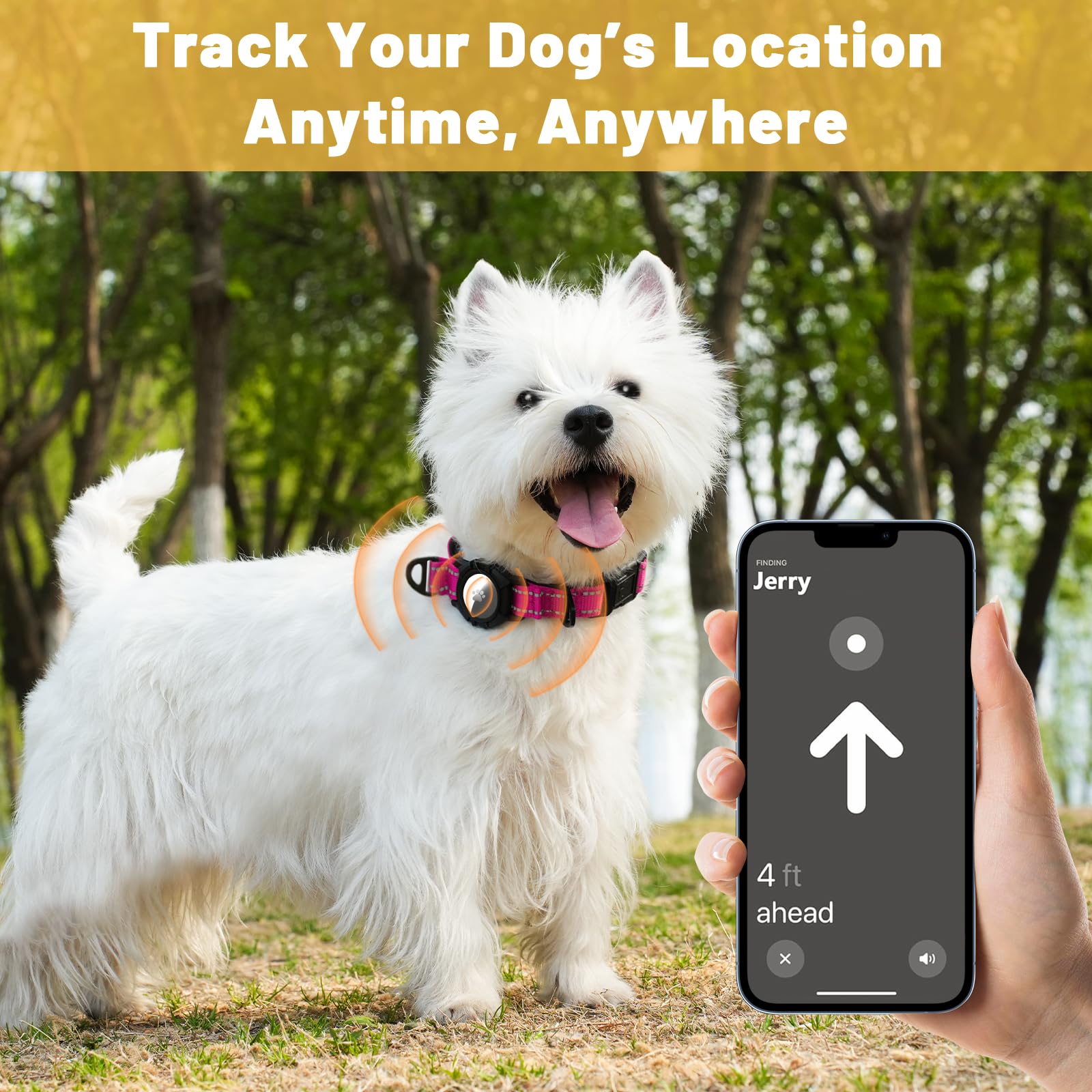 Taglory AirTag holder on pink collar side view secures tracker during outdoor adventures.