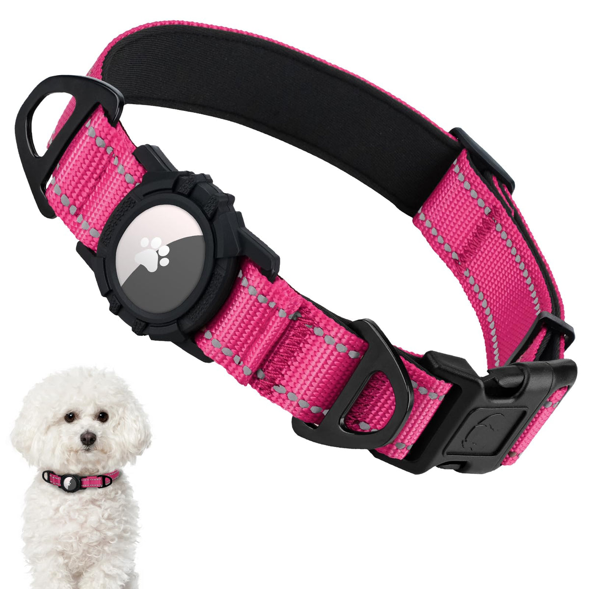Taglory reflective AirTag dog collar pink close-up highlights nighttime visibility for safer walks.