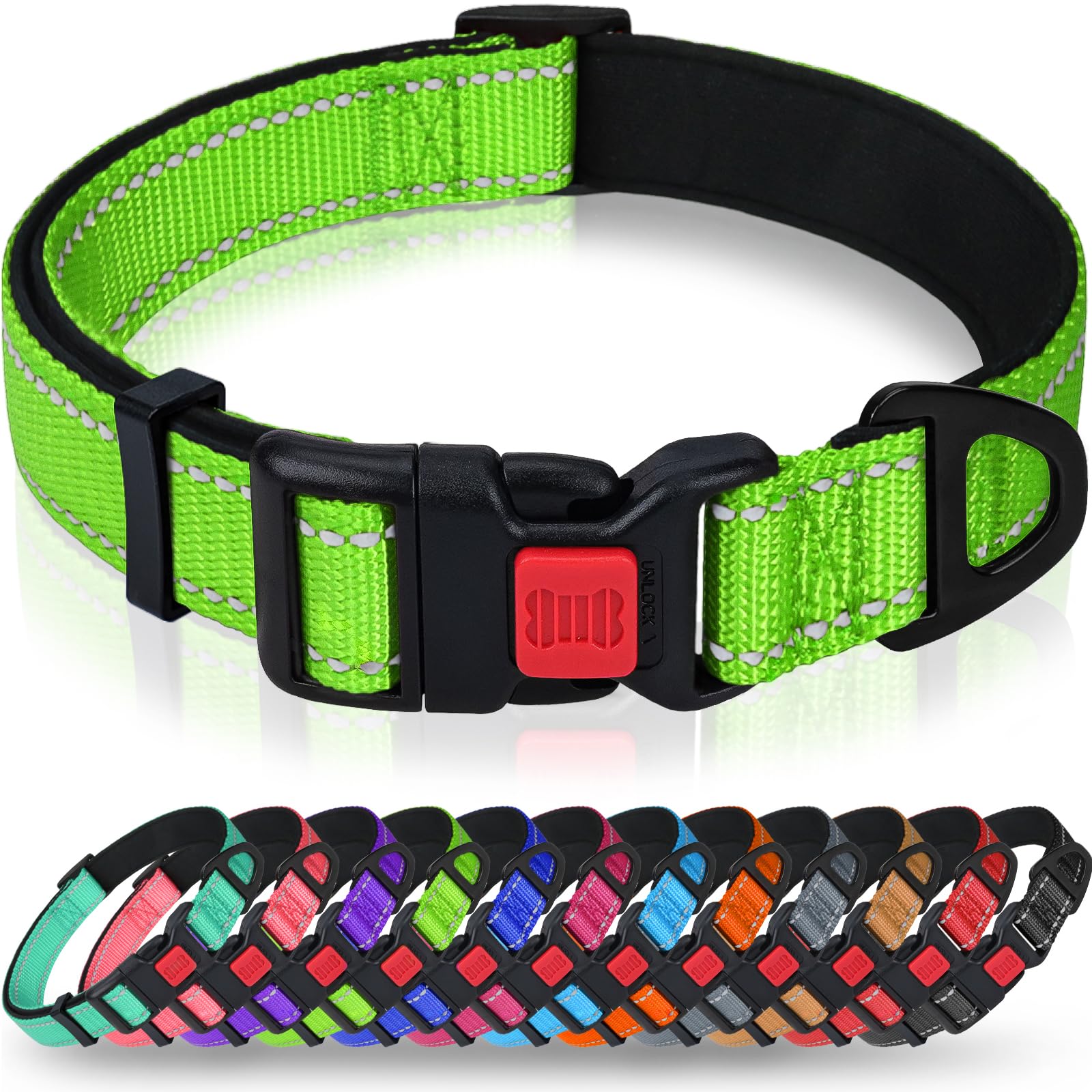 Taglory reflective dog collar green with safety locking buckle detail.