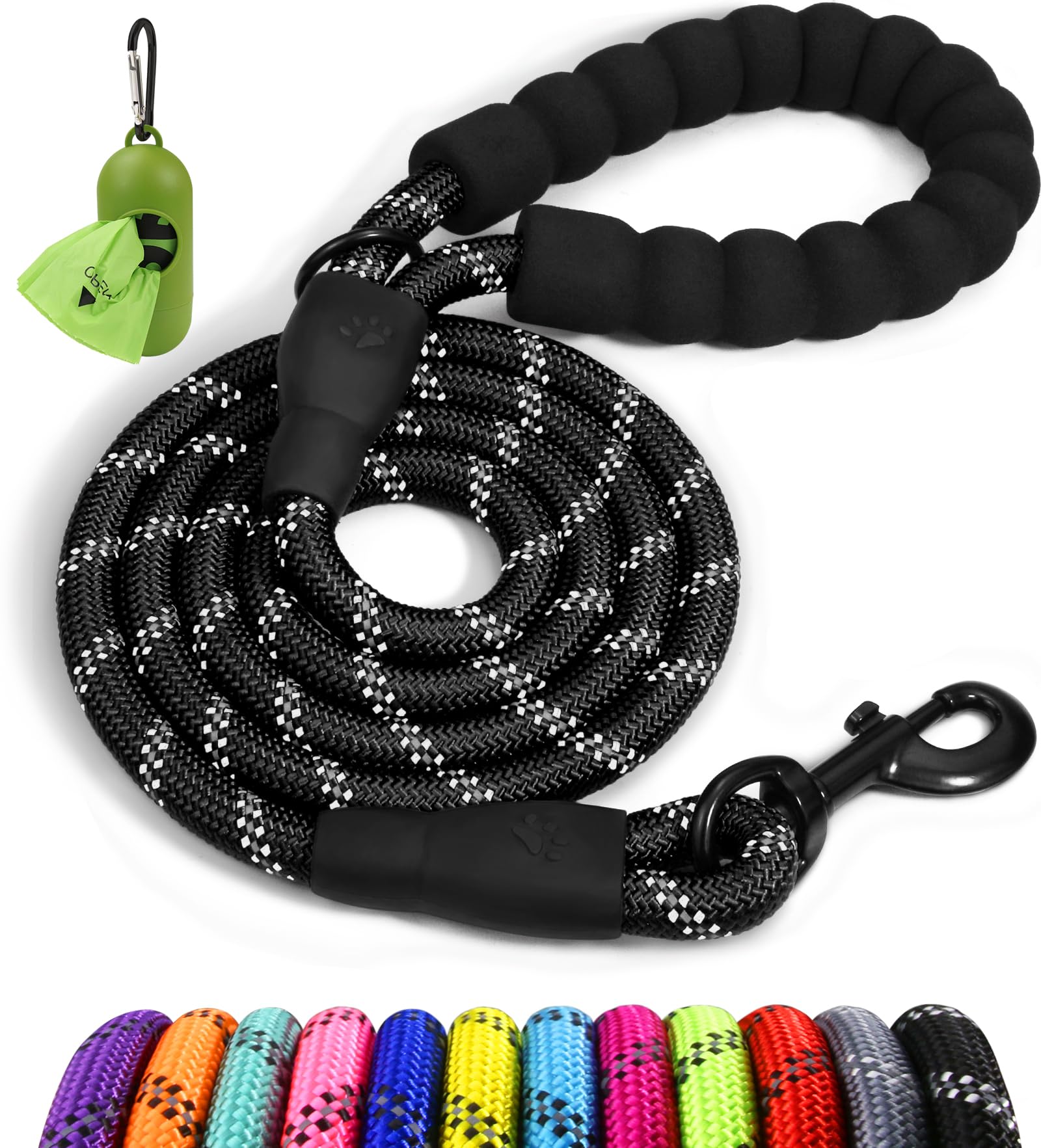 Taglory Rope Dog Leash 5 ft padded handle black for comfortable daily walks
