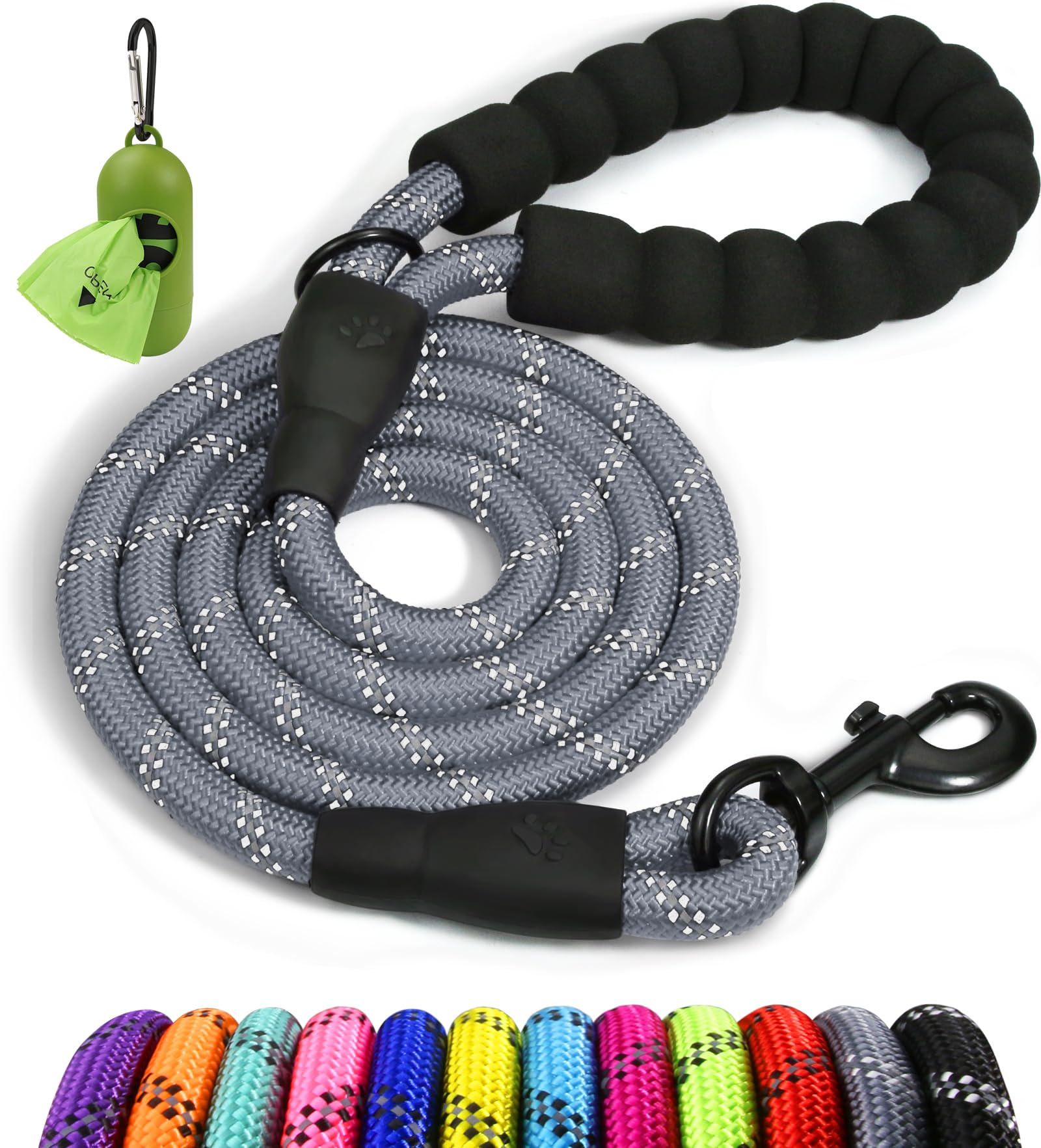 Taglory rope dog leash 6ft gray with padded handle for comfortable grip during long walks