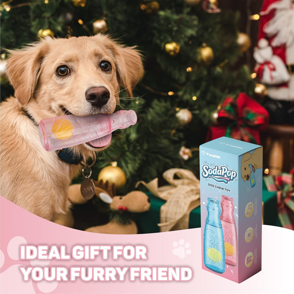 TagME pink dog toy — ergonomic bottle for easy carrying and tossing