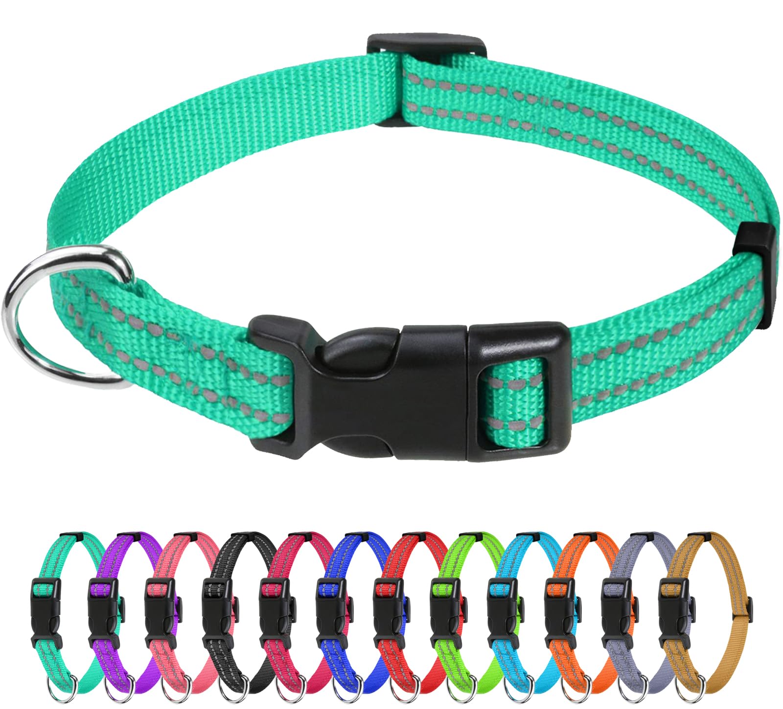 TagME Reflective Nylon Dog Collar turquoise boosts night visibility for safer evening walks.
