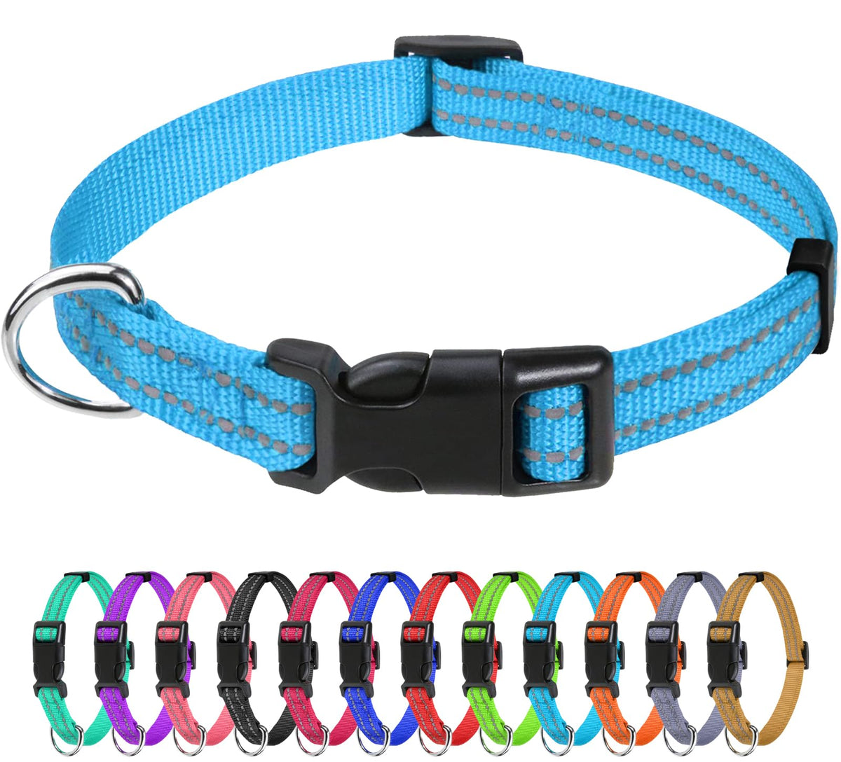 TagME Sky Blue reflective dog collar provides high visibility for safer night walks.