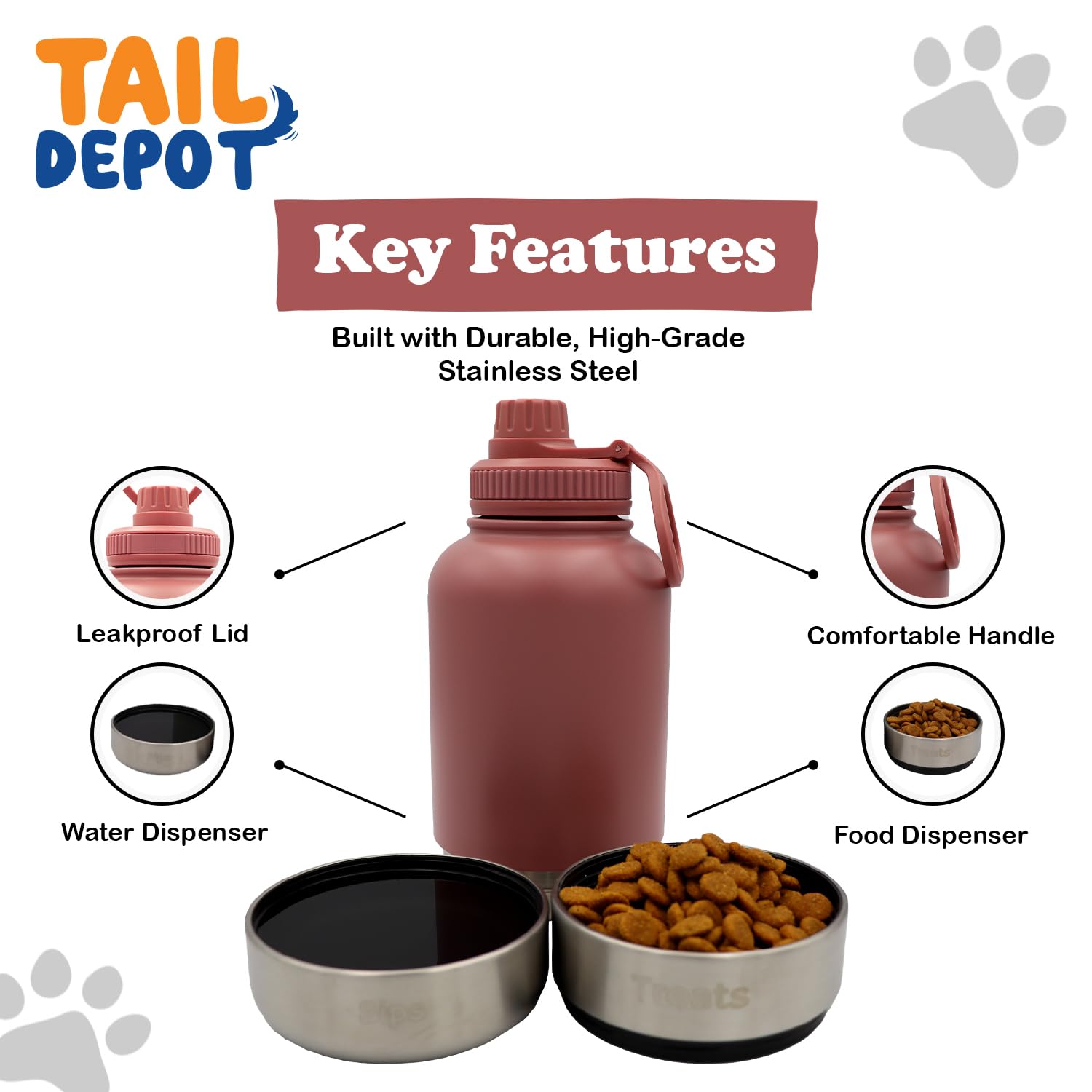 Tail Depot Snack Tank water chamber highlighting BPA-free construction for outdoor use.